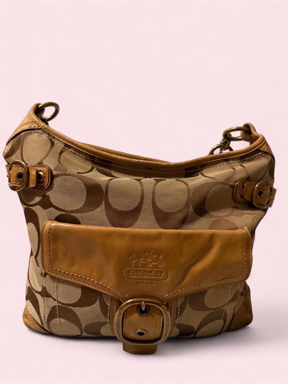 Coach Brown and Tan Signature Canvas Shoulder Bag
